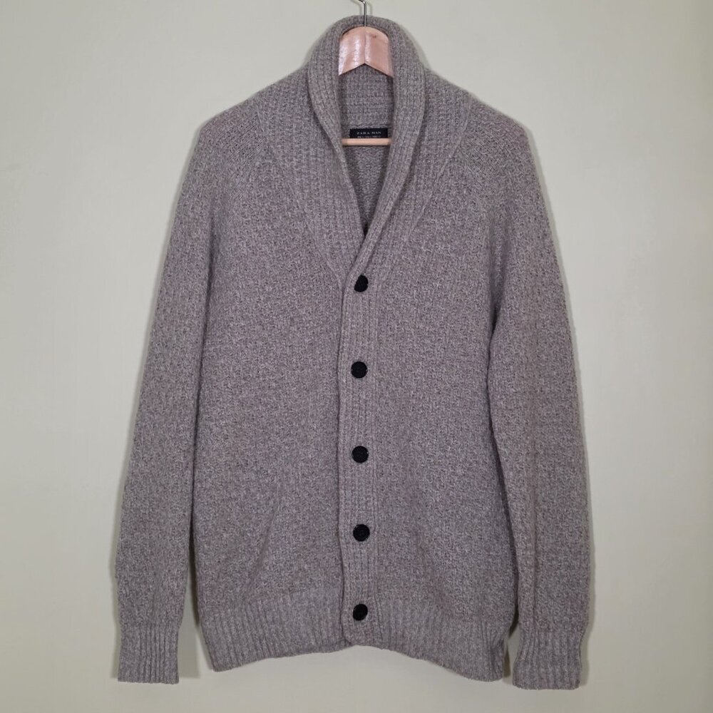 Zara Mens Cardigan L Beige Textured LS Shawl Collar Button Preppy Academia Boho - Picture 14 of 15